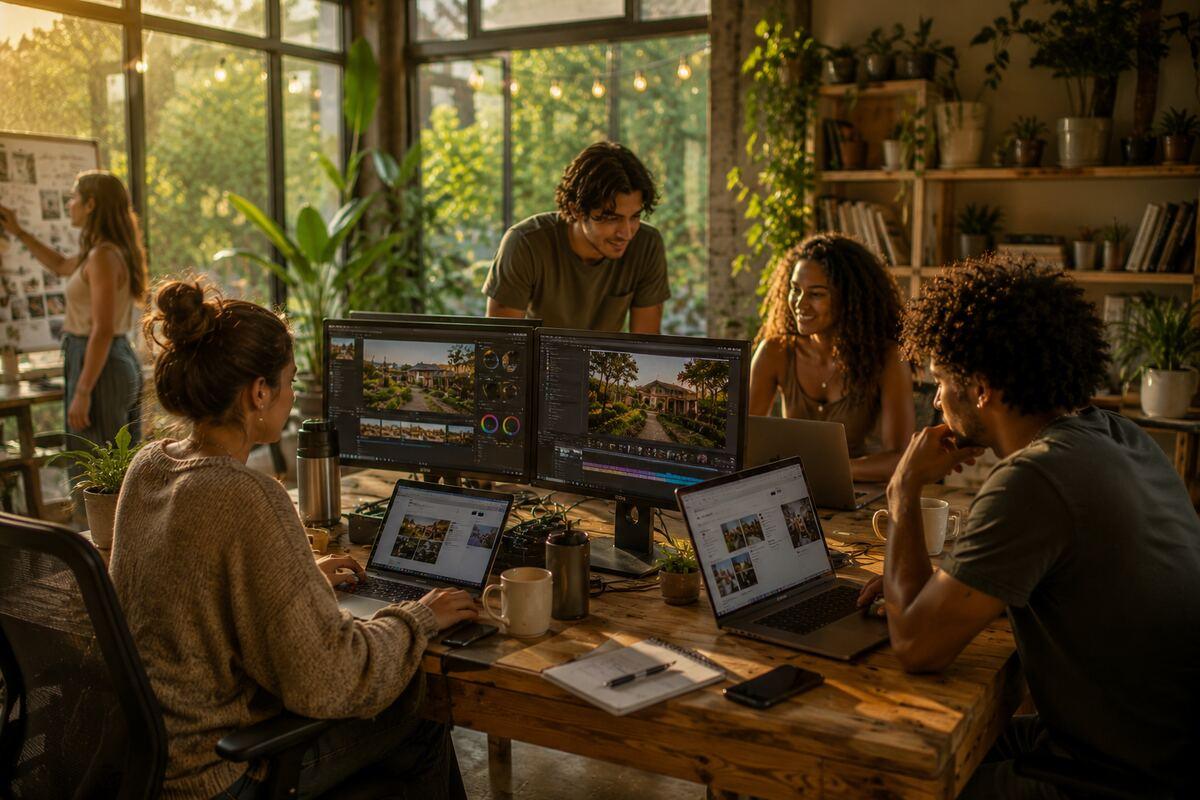 Young adults learning AI and digital skills together at laptops